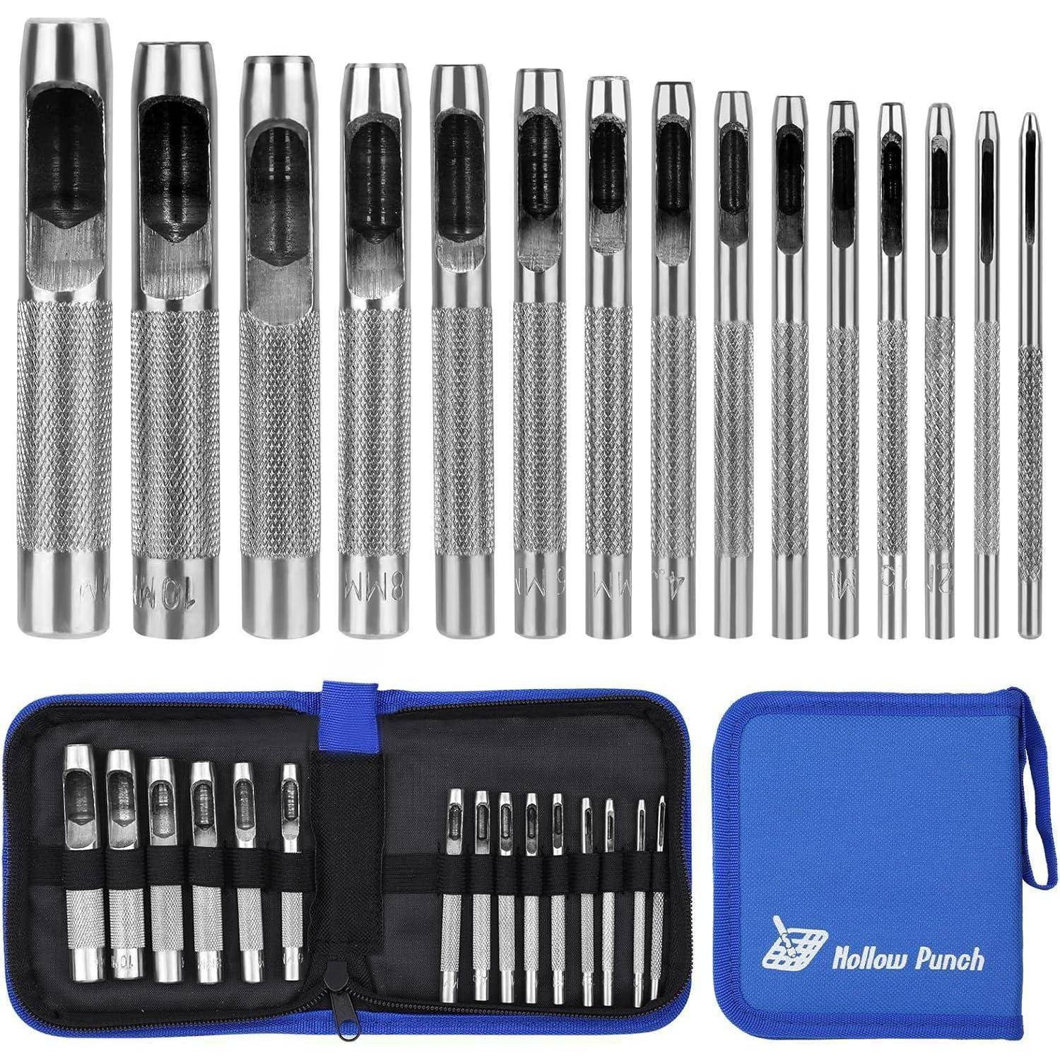 Ein Satz von 14 silbernen Hohlstanzwerkzeugen in verschiedenen Größen mit strukturierten Griffen, präsentiert in einer blauen Reißverschlusstasche mit der Aufschrift ‚Hohlstanze'.