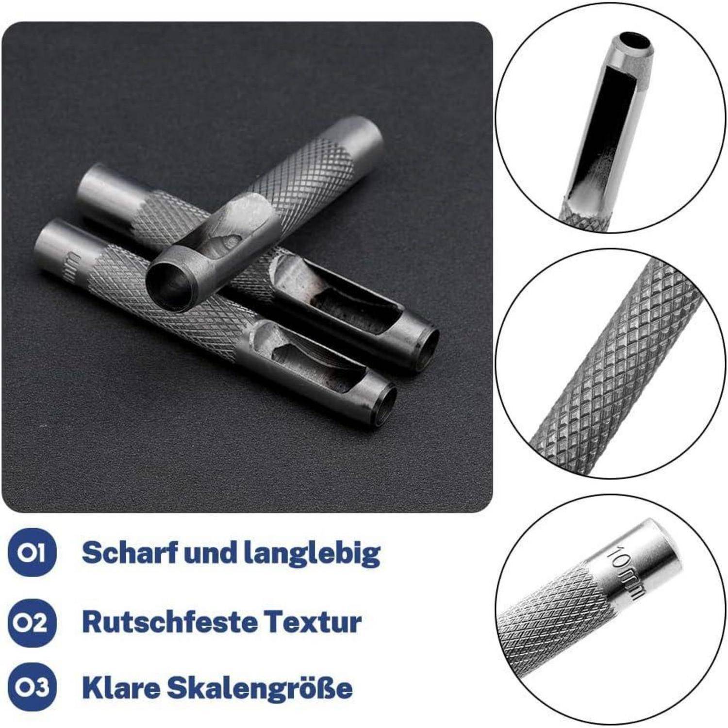 Drei Metallwerkzeuge mit strukturierten Griffen werden gezeigt, beschriftet auf Deutsch: 'Scharf und langlebig', 'Rutschfeste Textur', 'Klare Skalengröße'.
