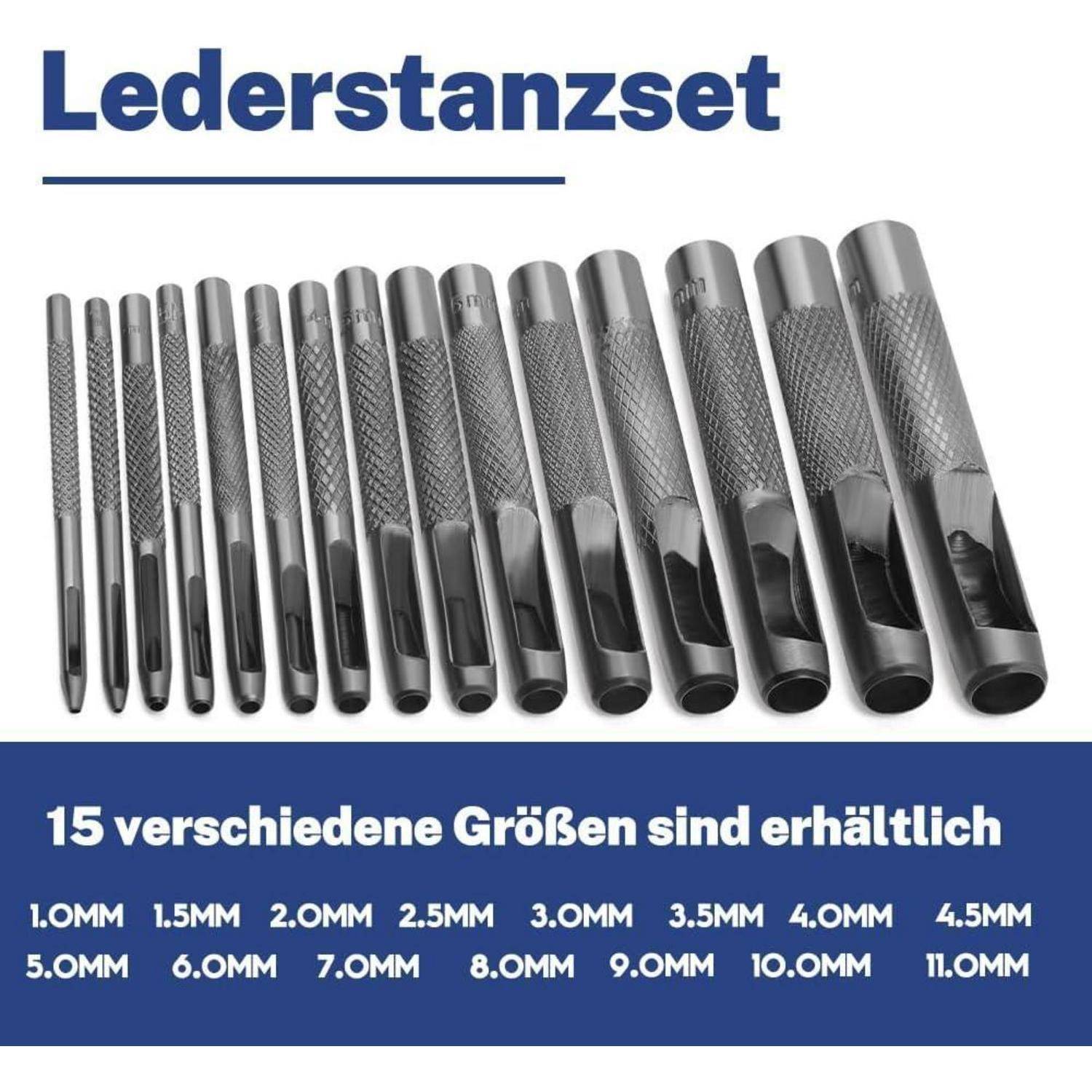 Ein Set von 15 Lederstanzen in verschiedenen Größen von 1,0 mm bis 11,0 mm wird gezeigt, mit der Bezeichnung 'Lederstanzset' und einer Liste der verfügbaren Größen.