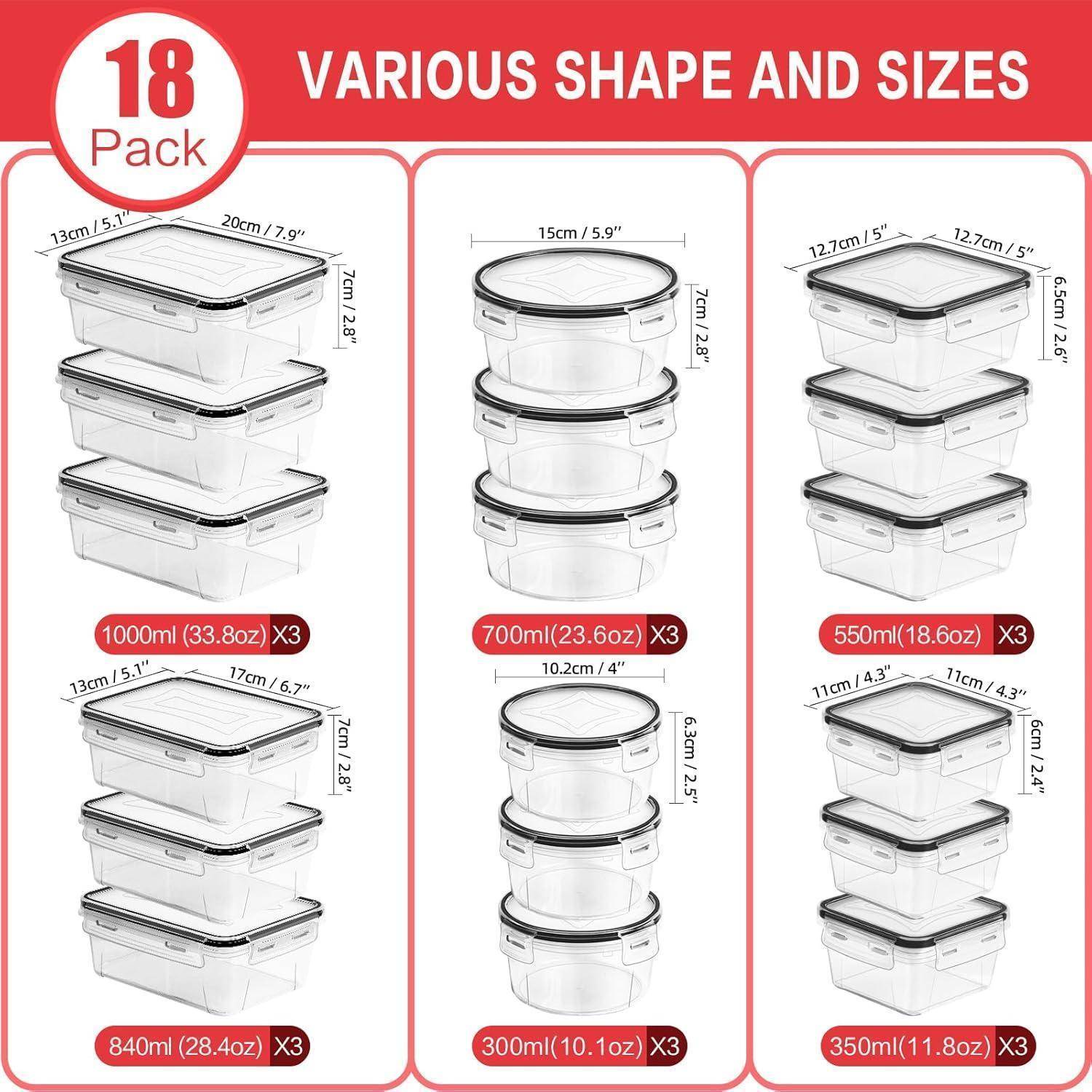 18er Set Lebensmittelbehälter in verschiedenen Formen und Größen, mit Angabe der Dimensionen und Kapazitäten: 1000ml, 840ml, 700ml, 550ml, 350ml, 300ml.