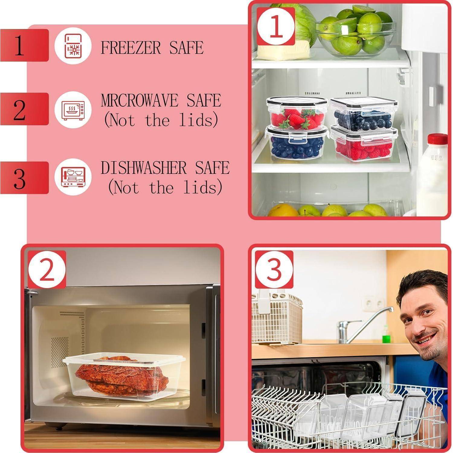 Drei Bilder, die Lebensmittelbehälter zeigen. Bild 1: Behälter im Kühlschrank mit Obst. Bild 2: Behälter in der Mikrowelle. Bild 3: Behälter in der Spülmaschine. Beschriftung: 'Geeignet für Gefrierschrank, Mikrowelle, Spülmaschine (Deckel nicht).