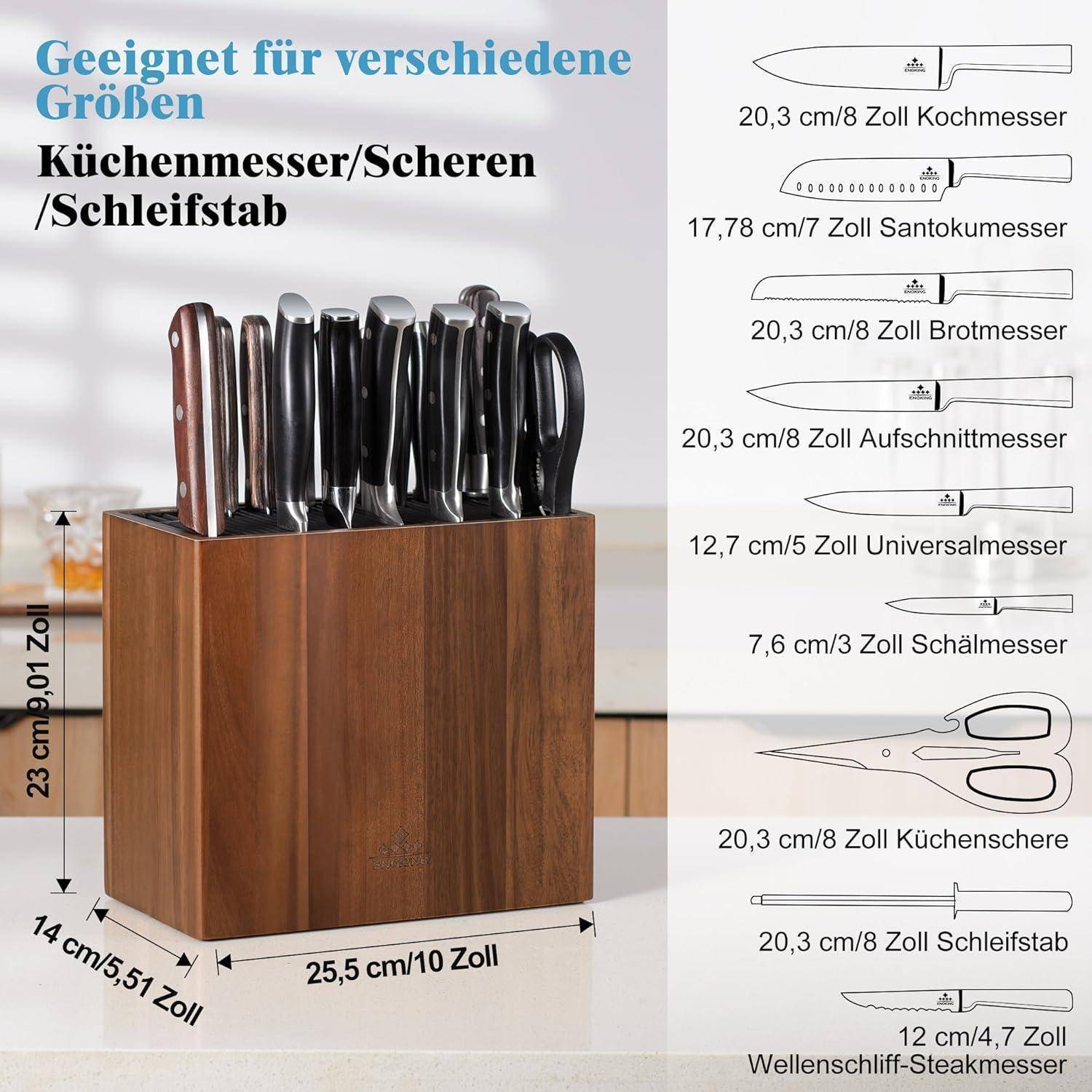 Holz-Messerblock mit mehreren Messern und einer Schleifstange, nach Typ und Größe in Zentimetern und Zoll beschriftet, mit dem Titel „Geeignet für verschiedene Größen