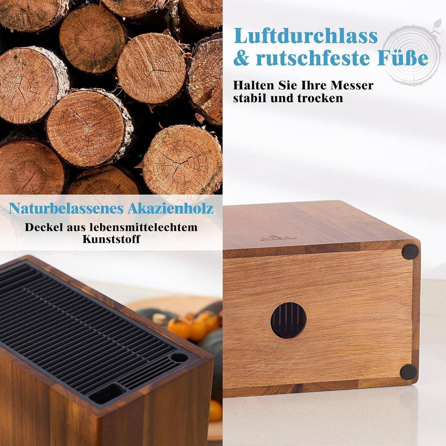 Ein Messerblock aus natürlichem Akazienholz mit Kunststoffeinsätzen ist abgebildet. Der Text hebt Luftzirkulation, Stabilität und Materialeigenschaften hervor.