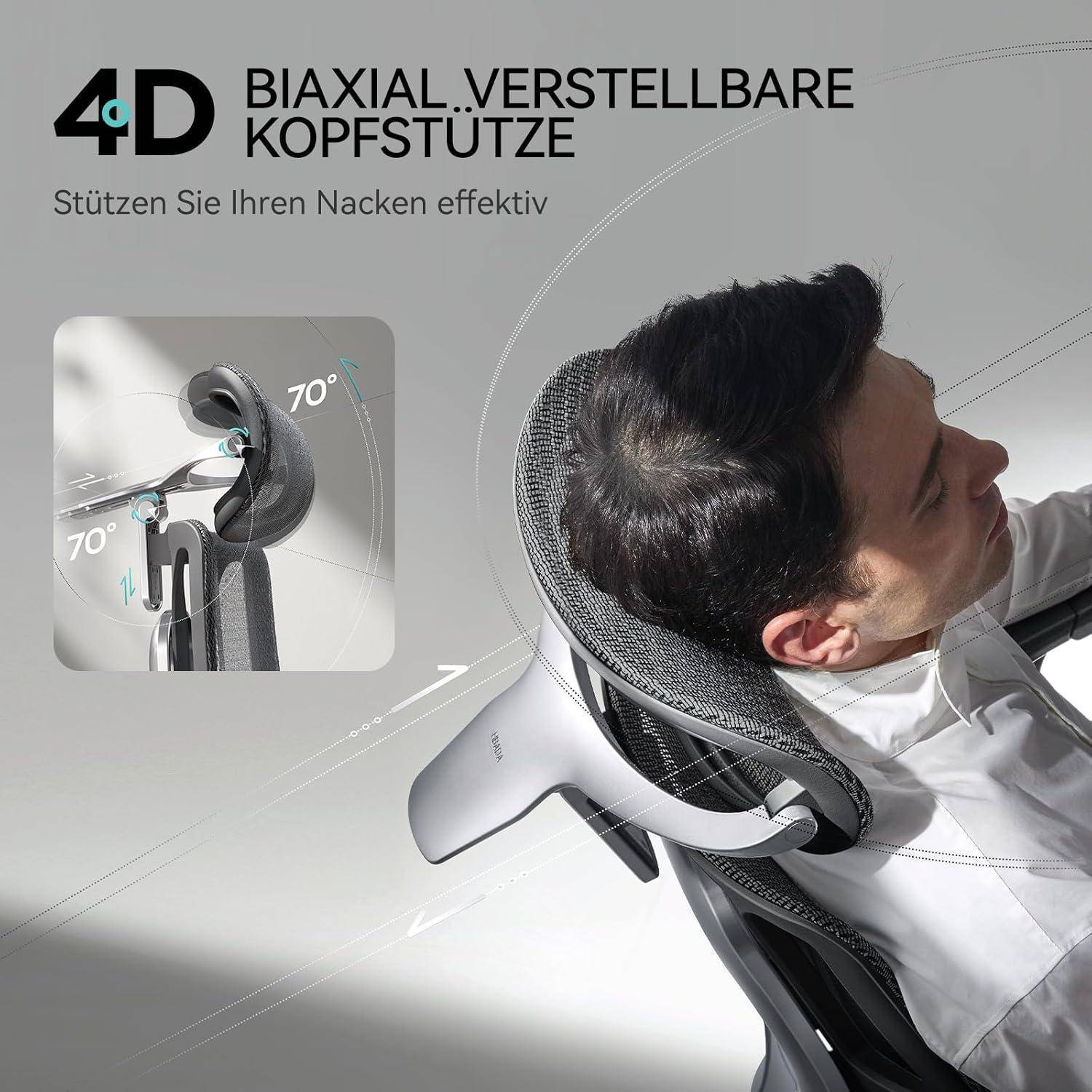 Ein Mann, der sich in einem Stuhl mit einer Kopfstütze zurücklehnt. Text auf Deutsch hebt die 4D-verstellbare Kopfstütze für ergonomischen Komfort und Unterstützung hervor.
