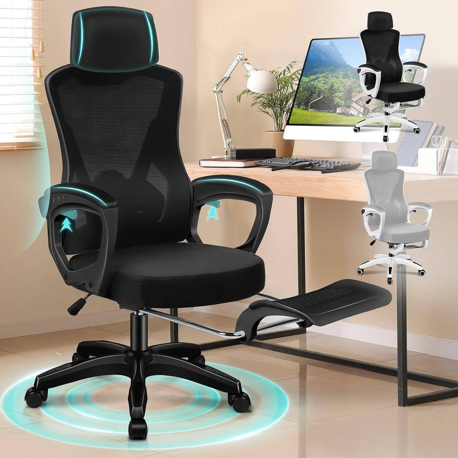 Ein ergonomischer Bürostuhl mit Netzrücken, verstellbaren Armlehnen und einer Kopfstütze, der vor einem modernen Schreibtisch-Arrangement positioniert ist.