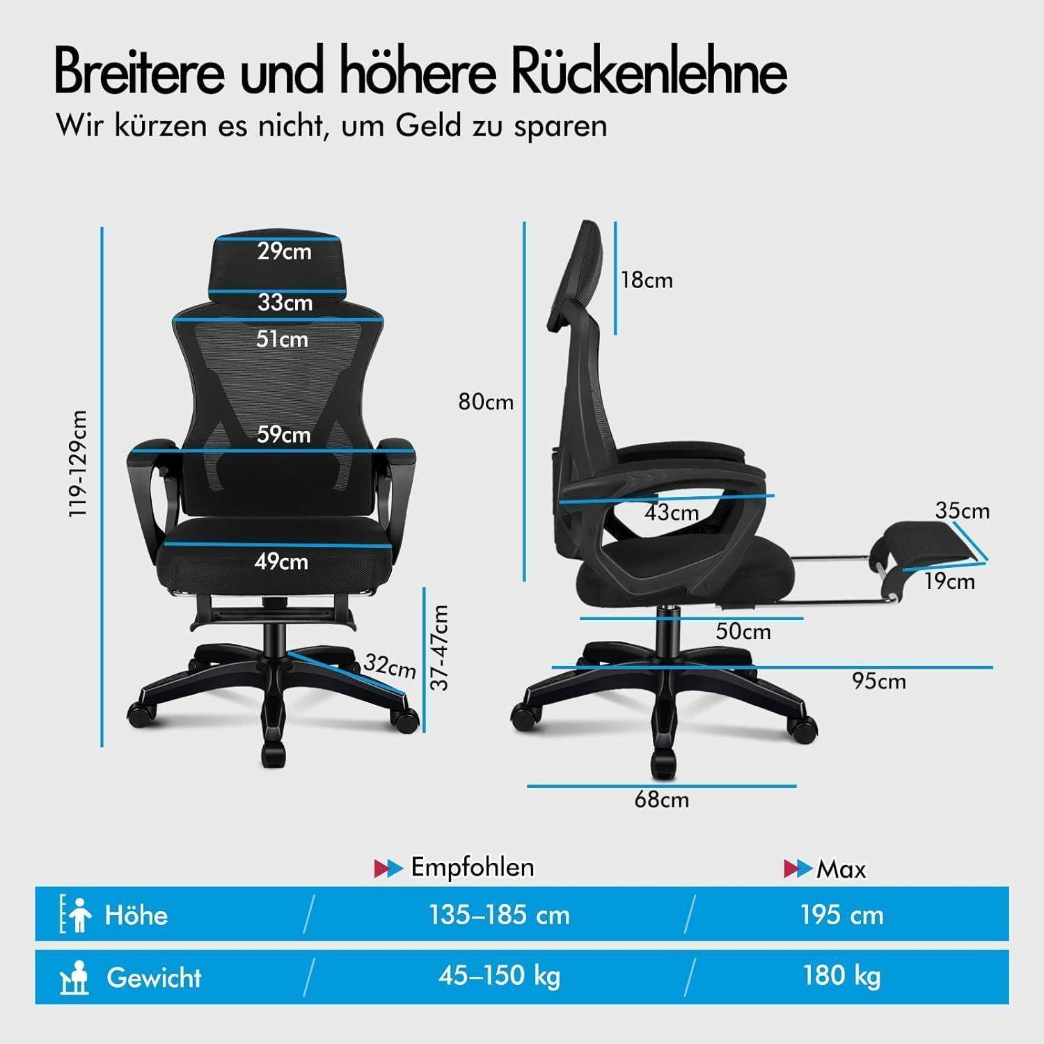 Breitere und höhere Rückenlehne' Stuhldiagramm mit Dimensionen und verstellbaren Funktionen, mit Höhen- und Gewichtsempfehlungen darunter.