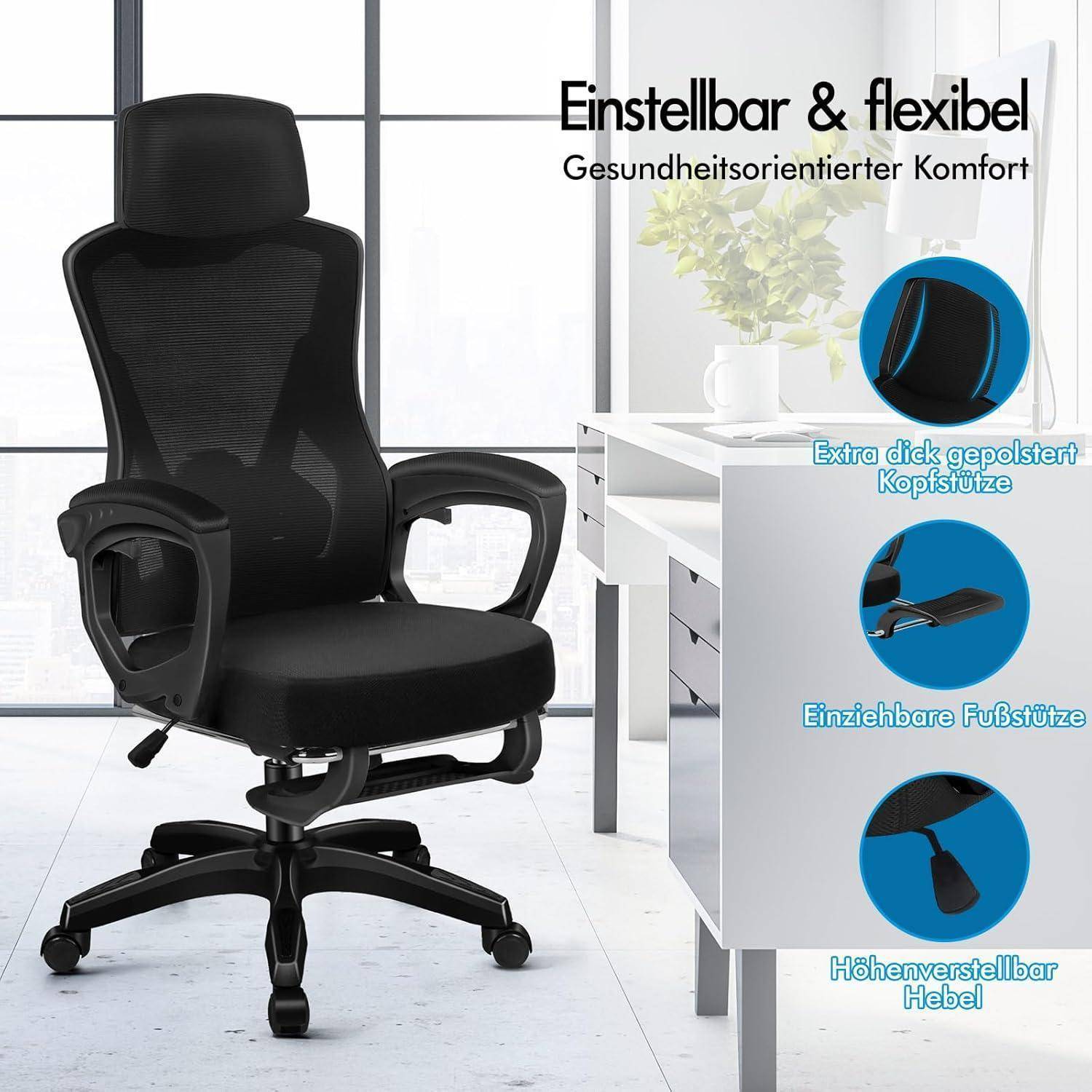 Ergonomischer Bürostuhl mit 'verstellbarer & flexibler' Konstruktion neben einem Schreibtisch. Zu den Merkmalen gehören dicker gepolsterter Kopfstütze, ausziehbare Fußablage und Höhenverstellhebel.