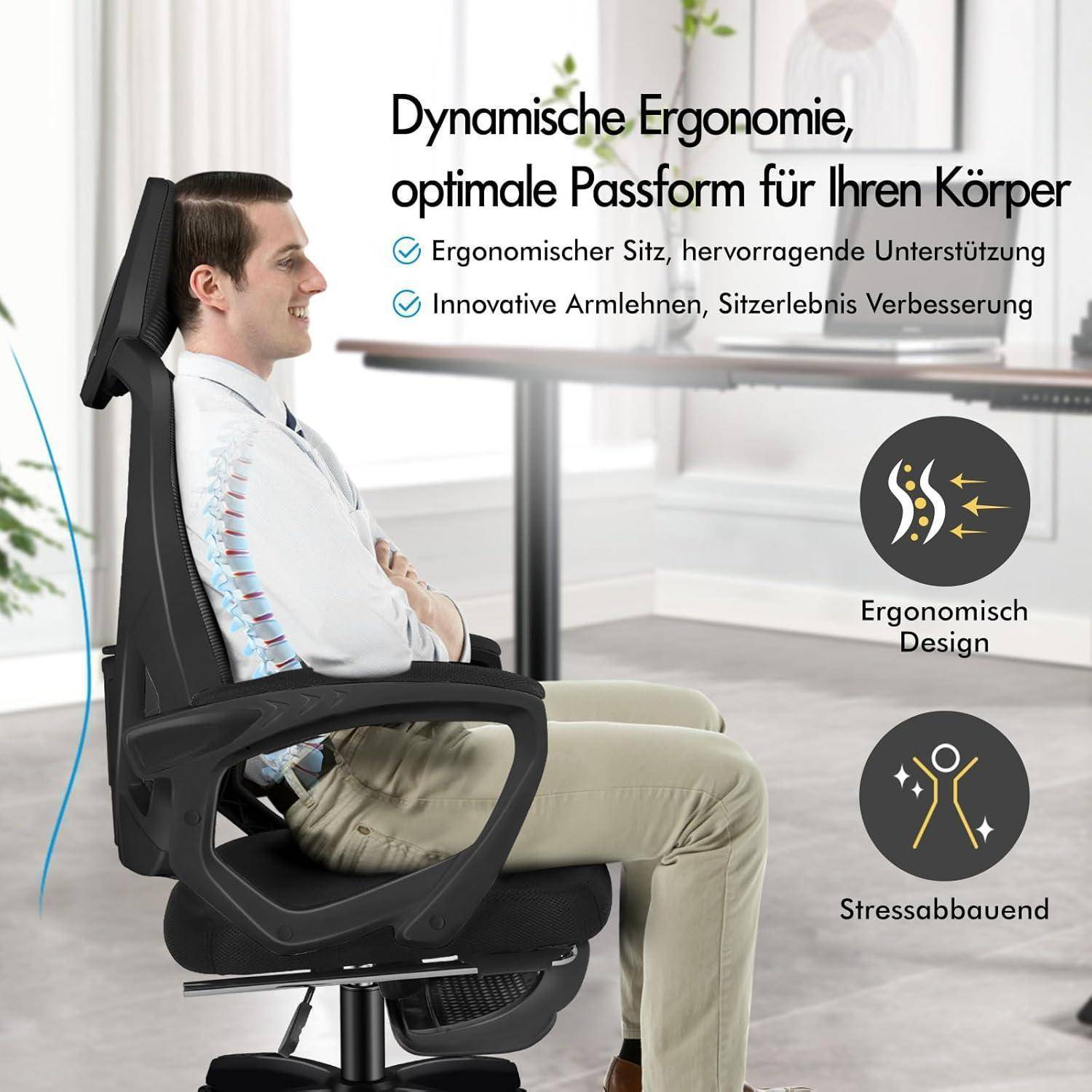 Ein Mann sitzt auf einem ergonomischen Bürostuhl und präsentiert dessen Design und Komfortmerkmale wie verstellbare Armlehnen. Der Text hebt die ergonomischen Vorteile hervor.