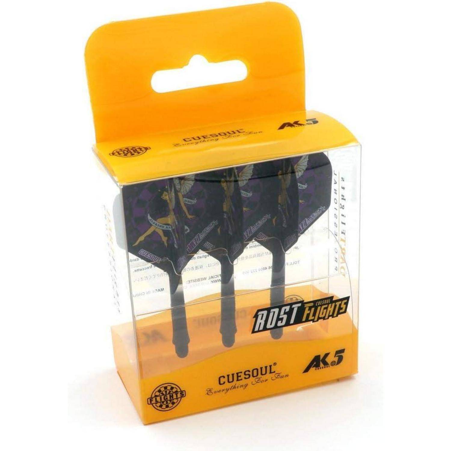 Dreierpack CUESOUL AK5 Dartflights mit einem dunklen und gelben Design, in einer transparenten Box mit orangefarbenem Griff und Branding.