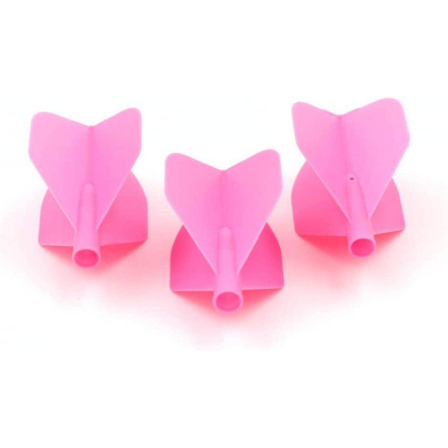 Drei rosa Plastik-Dartflügel, in einer Reihe angeordnet, von hinten betrachtet, zeigen ihre Flossen und Röhren.