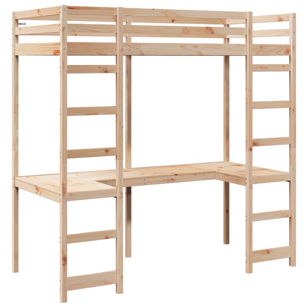 Ein Hochbett aus Holz mit einem integrierten Schreibtisch darunter. Es verfügt über Leitern an beiden Enden und eine natürliche Holzoberfläche.