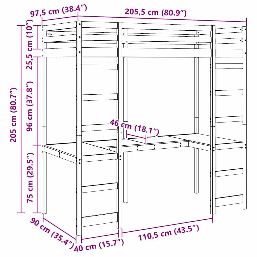 Hochbettgestell mit Schreibtisch: 205,5 cm (H) x 205 cm (B) x 97,5 cm (T). Inklusive Leiter, Schreibtisch darunter; hervorgehobene Maße.