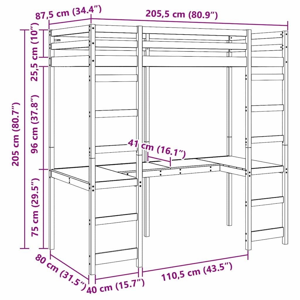 Darstellung eines Hochbettgestells mit Schreibtisch. Maße sind beschriftet: Höhe 205 cm, Breite 205,5 cm, Tiefe 87,5 cm. Schreibtischhöhe ist 75 cm.