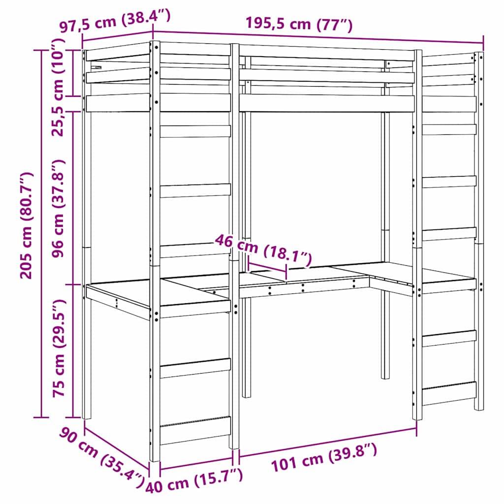 Diagramm eines Hochbettes mit angehängtem Schreibtisch. Maße beschriftet: 205 cm hoch, 195,5 cm breit, 97,5 cm tief. Schreibtischhöhe: 75 cm.