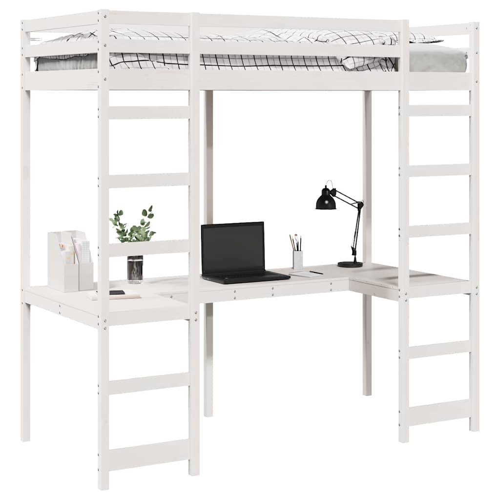 Hochbett mit integriertem Schreibtisch darunter; beinhaltet einen Laptop, eine Lampe und eine Pflanze, mit Leitern an beiden Seiten zum Zugang zum Bett.