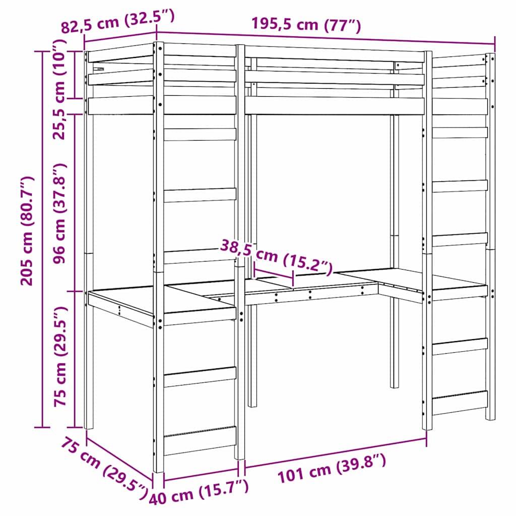 Diagramm eines Hochbettes mit Maßen: Höhe 205 cm, Breite 195,5 cm, Tiefe 82,5 cm. Enthält einen Schreibtischbereich von 38,5 cm Breite und Regale.