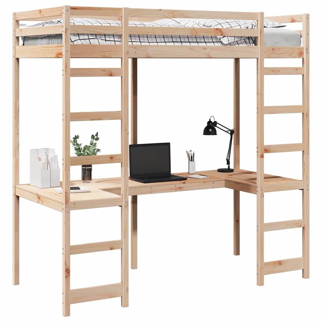 Holz-Hochbettrahmen mit integriertem Schreibtisch und Regalen darunter. Auf dem Schreibtisch befinden sich ein Laptop, eine Lampe, eine Pflanze und ein Schreibwarenhalter.