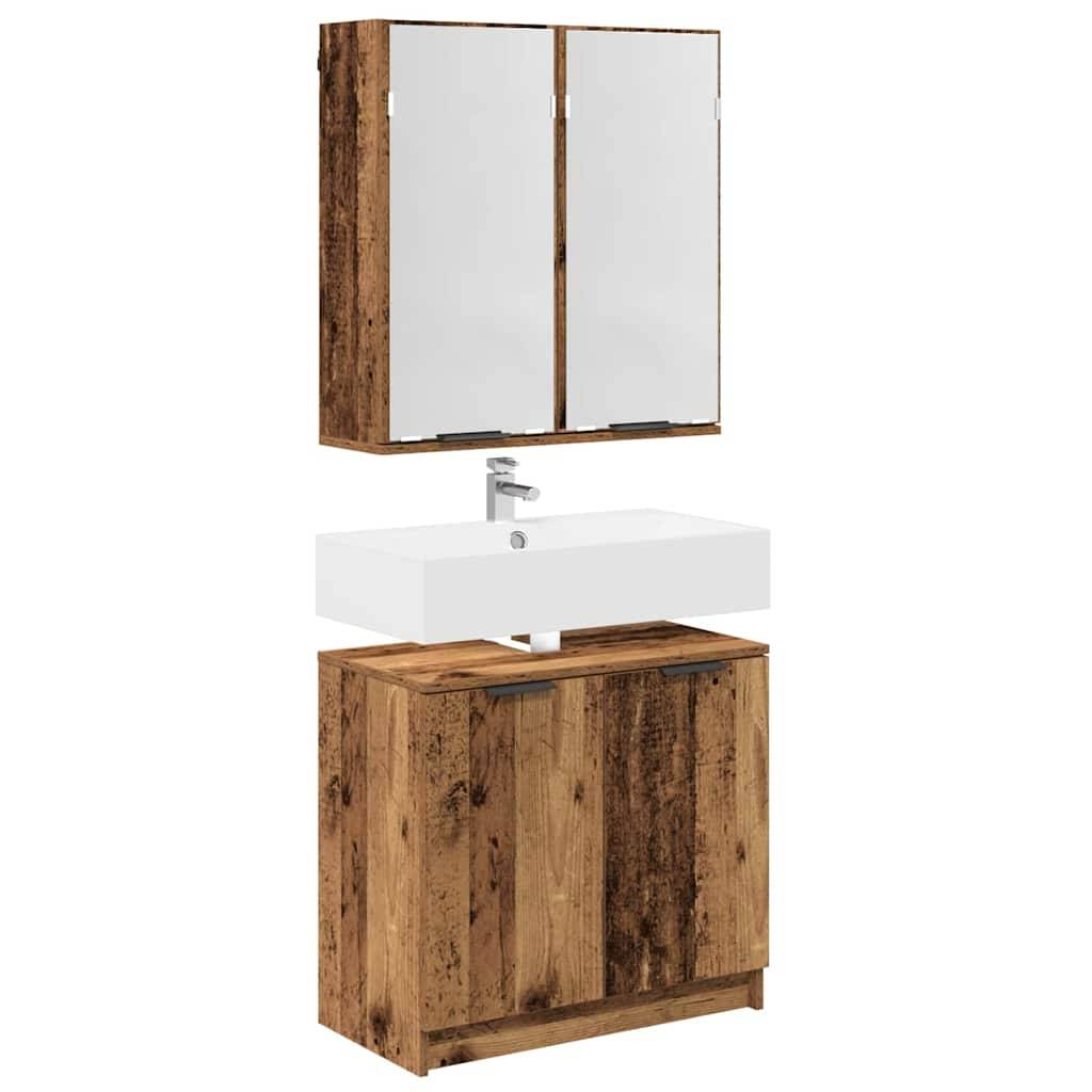 Ein modernes Badezimmerset mit einem Holzschrank, einem weißen Waschbecken und zwei gespiegelten Schranktüren darüber. Das Design ist minimalistisch und elegant.