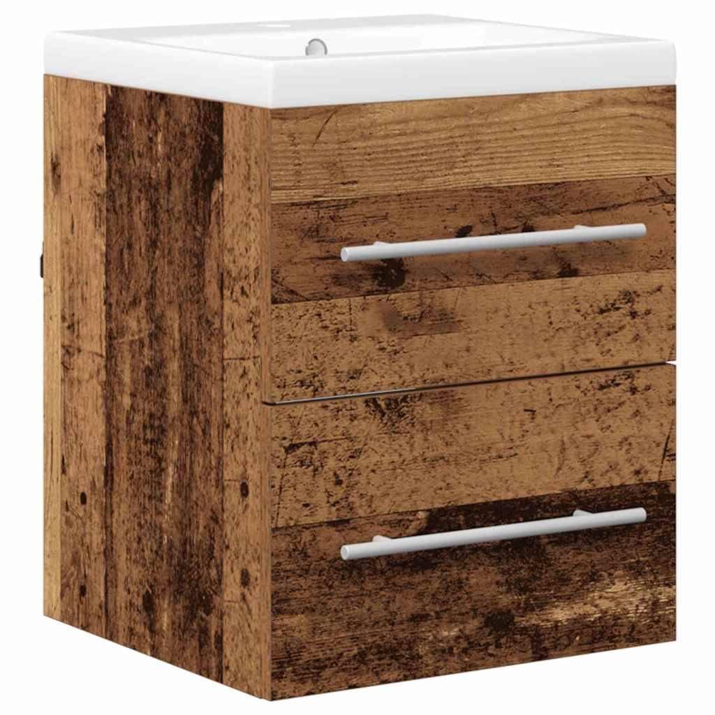 Eine Badezimmer-Waschtischkonsole aus Holz mit zwei Schubladen und einem weißen Waschbecken oben. Das Holz hat eine rustikale Oberfläche, die dem Raum eine warme Atmosphäre verleiht.