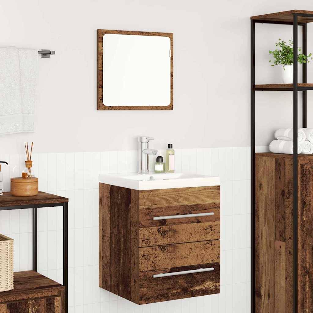 Modernes Badezimmer mit Holz-Waschtisch, quadratischem Waschbecken, Spiegel und offenen Regalen. Handtücher und kleine Pflanzen ergänzen die Dekoration und schaffen eine gemütliche Atmosphäre.