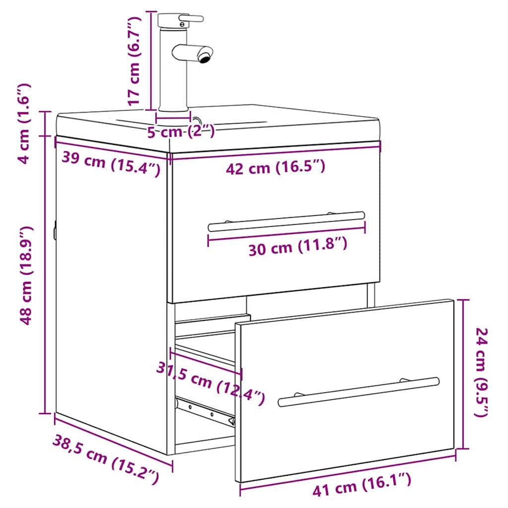 Technische Zeichnung eines Badezimmer-Waschtischs mit beschrifteten Abmessungen: Breite 42 cm, Tiefe 38,5 cm, Höhe 48 cm. Der Waschtisch verfügt über zwei Schubladen und einen Wasserhahn.