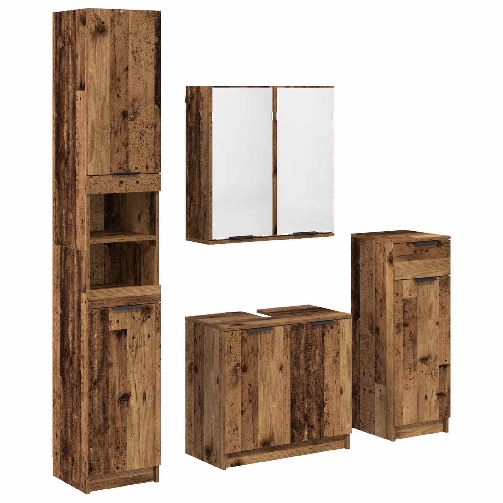 Rustikales Holz-Badezimmermöbel-Set mit einem hohen Schrank, einem Spiegelschrank und zwei Standeinheiten, die die natürliche Holzmaserung zur Geltung bringen.