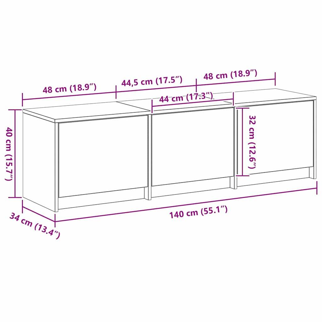 Diagramm eines Dreifach-Schranks mit Abmessungen: 140 cm breit, 40 cm hoch und 34 cm tief. Abteile messen 48 cm, 44,5 cm und 48 cm in der Breite.