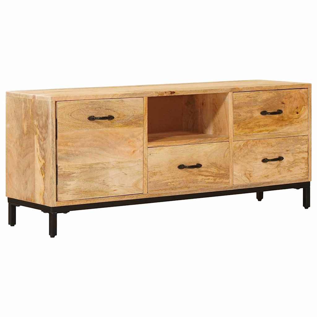 Ein Holzsideboard mit zwei großen Schubladen links, einem zentralen offenen Regal und zwei kleineren Schubladen rechts, alle mit schwarzen Griffen.