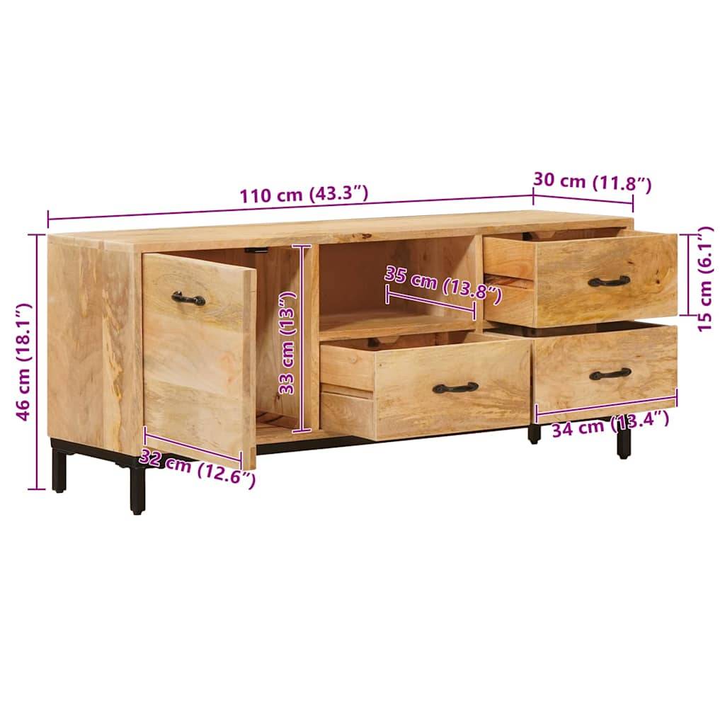 Ein Holz-Aufbewahrungsschrank mit offenen Regalen, drei Schubladen und einer Tür. Maße: 110 cm breit, 46 cm hoch, 30 cm tief.