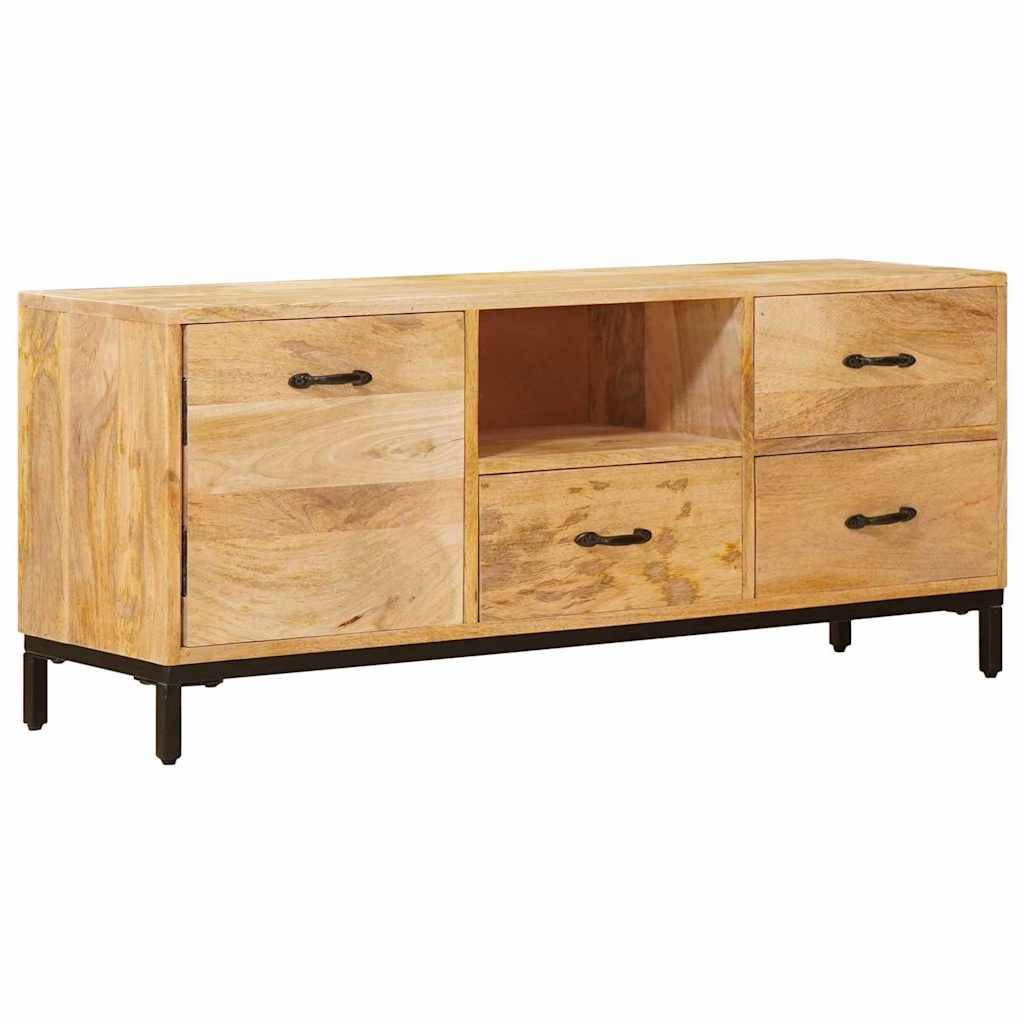 Ein Fernsehtisch aus Holz mit zwei Schränken und einem offenen Regal in der Mitte, ausgestattet mit schwarzen Metallgriffen und einer natürlichen Holzoberfläche.