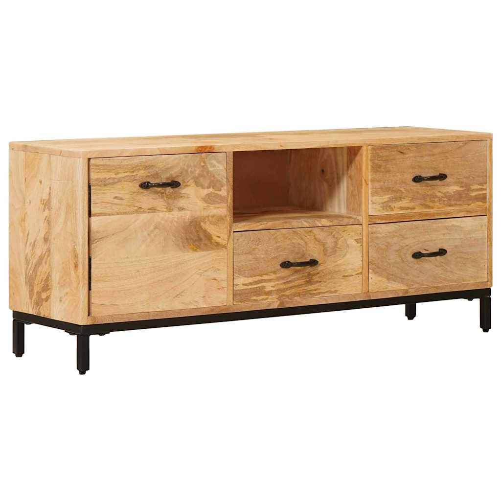 Ein Holz-Sideboard mit zwei großen Schränken, zwei kleinen Schubladen, einem offenen Regal und schwarzen Metallgriffen, das auf kurzen schwarzen Beinen steht.