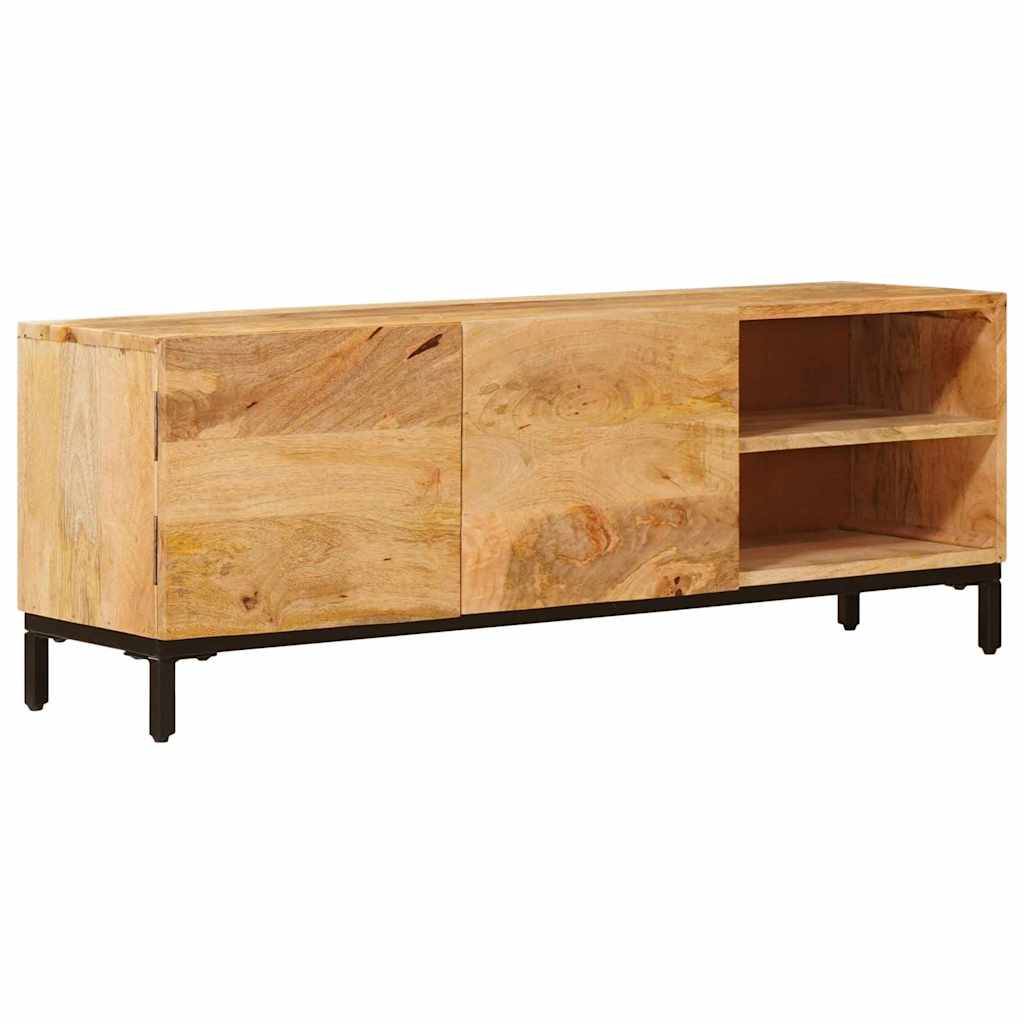 Ein Holzsideboard mit minimalistischem Design verfügt über zwei geschlossene Fächer auf der linken Seite und zwei offene Regale auf der rechten Seite.