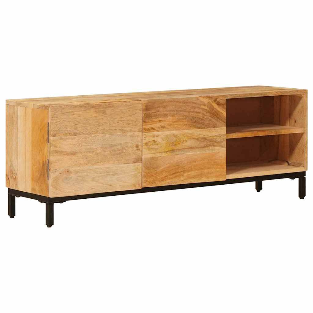 Holzsideboard mit zwei geschlossenen Schränken und zwei offenen Regalen auf Metallbeinen. Hellbraune Ausführung mit natürlicher Holzmaserung.