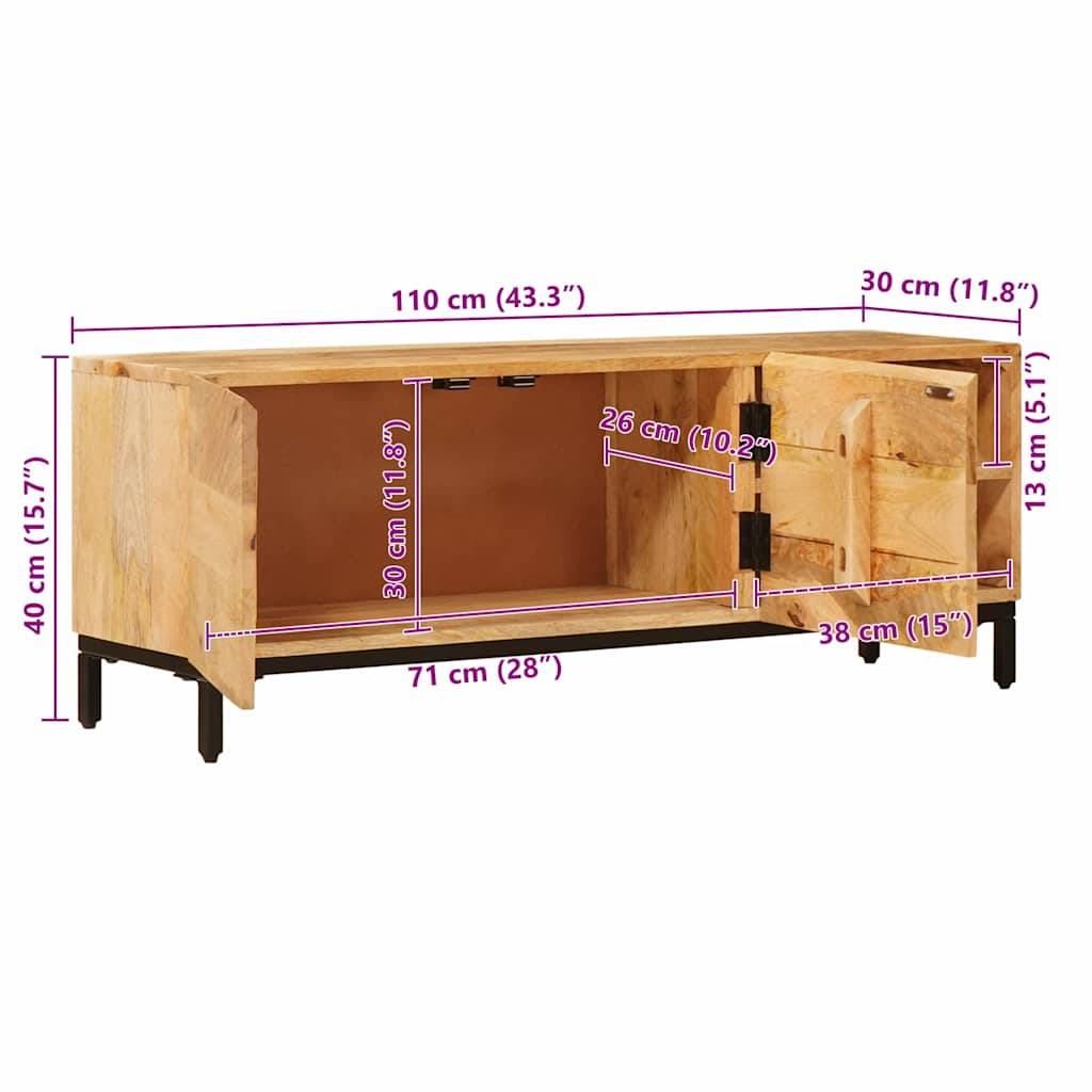 Ein Fernsehtisch aus Holz mit beschrifteten Maßen: 110 cm Breite, 40 cm Höhe, 30 cm Tiefe. Enthält Stauraummöglichkeiten und Metallfüße.