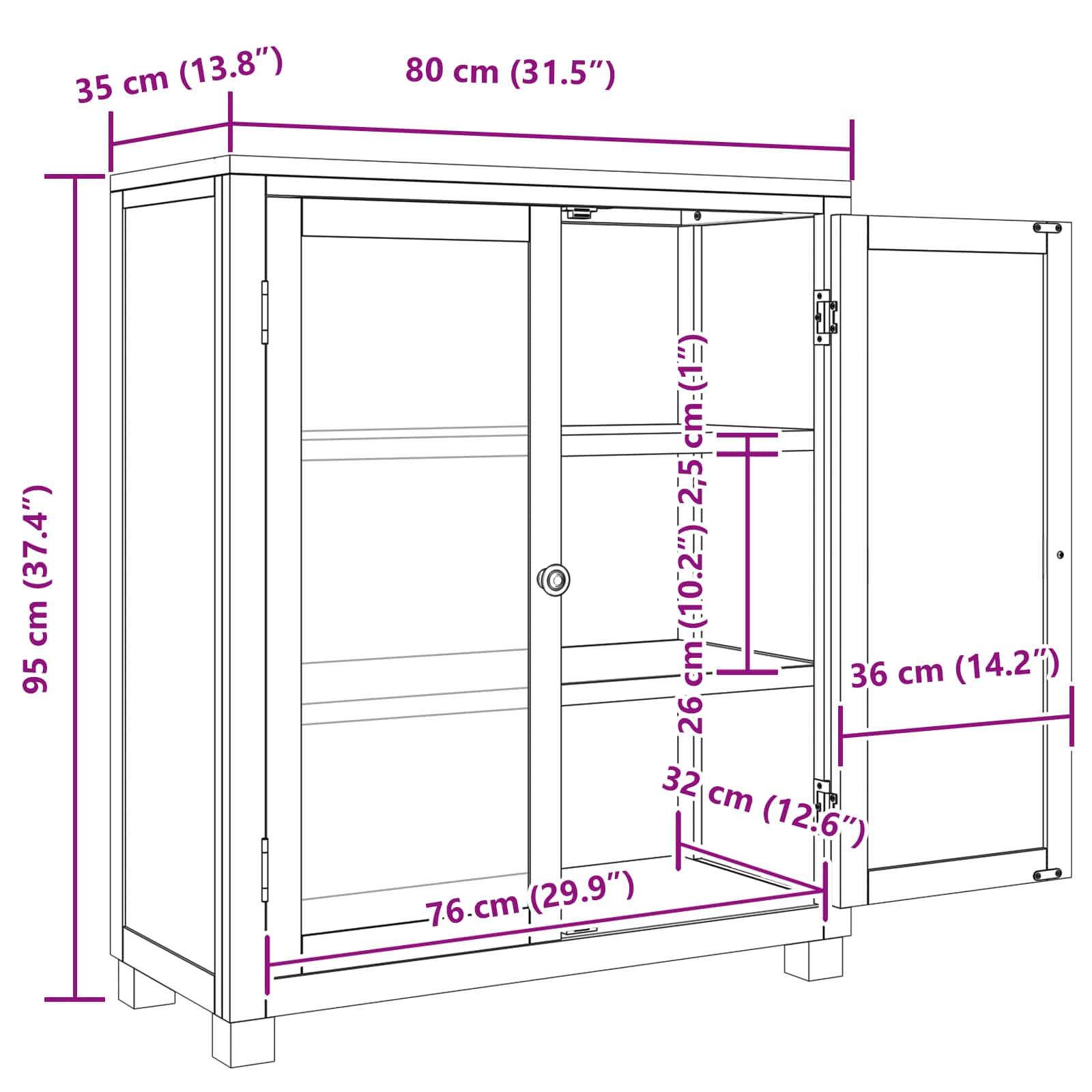 Eine Linienzeichnung eines Schranks mit Glastüren, mit beschrifteten Maßen. Breite: 80 cm, Höhe: 95 cm, Tiefe: 35 cm. Inneres Regal: 76,6 cm breit.