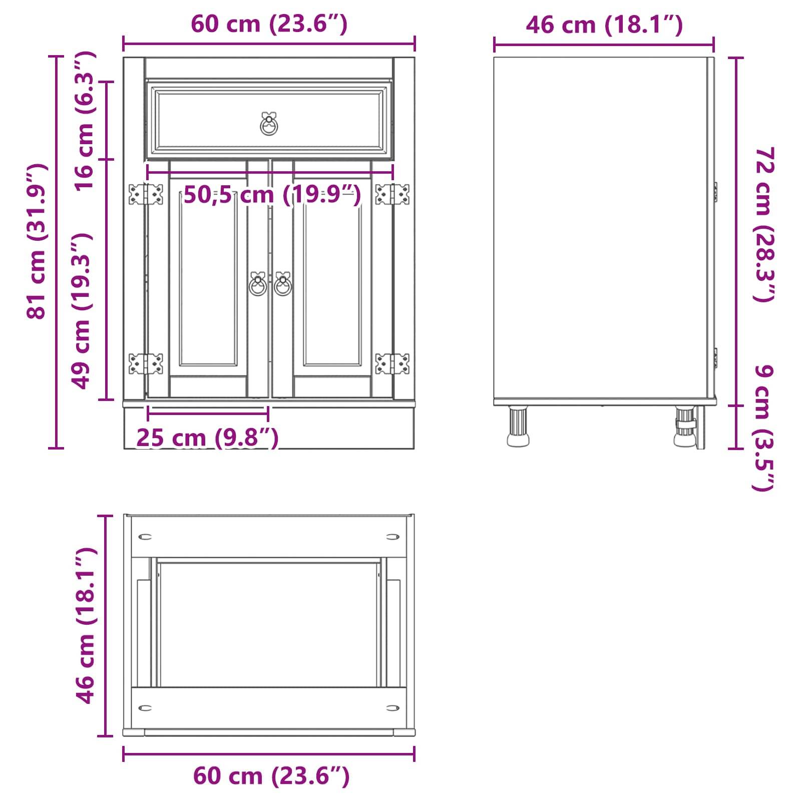 Frontansicht eines Schranks mit Abmessungen: 81 cm hoch, 60 cm breit und 25 cm tief; Seitenansicht: 46 cm tief, 72 cm hohe Basis.