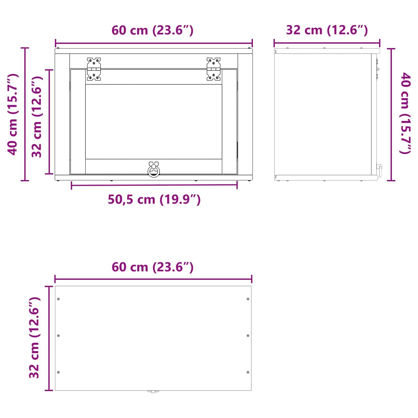 Diagramme eines rechteckigen Objekts mit Abmessungen: 60 cm breit, 40 cm hoch. Profile zeigen 50,5 cm und 32 cm Seiten.