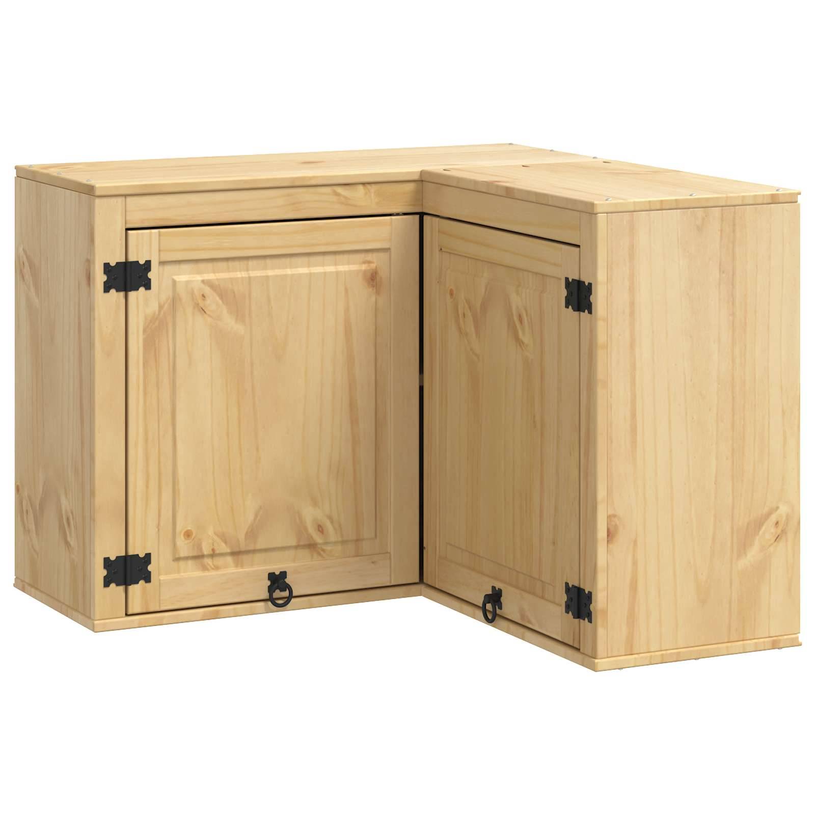Ein Holz-Eckschrank mit zwei Türen, ausgestattet mit schwarzen Metallscharnieren und Griffen. Die natürliche Holzoberfläche unterstreicht seinen rustikalen Stil.