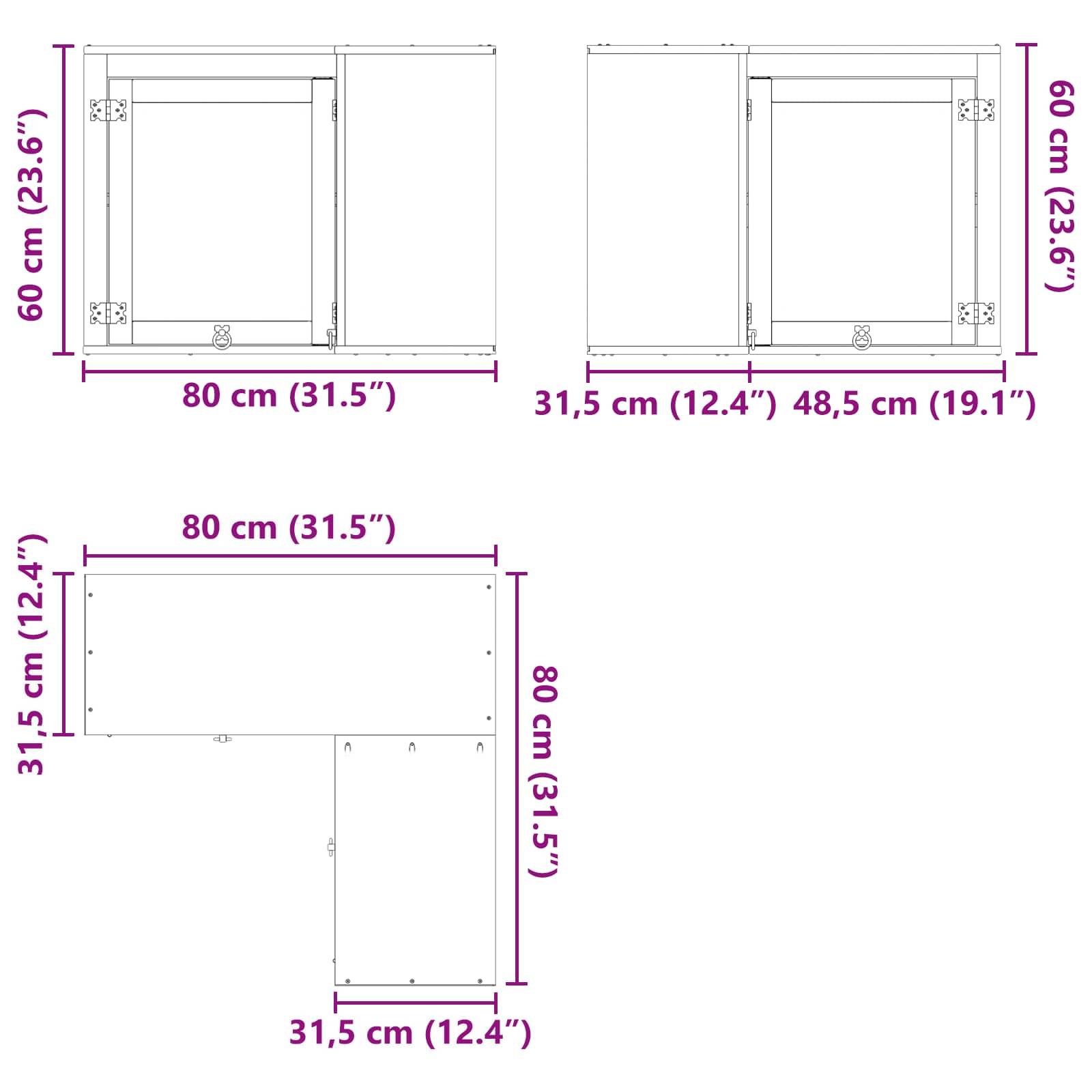 Zwei identische rechteckige Rahmen mit Abmessungen von 60 cm x 80 cm, einzeln dargestellt und in einem rechten Winkel miteinander verbunden, um eine L-Form zu bilden. Messungen in Zentimetern und Zoll sind enthalten.