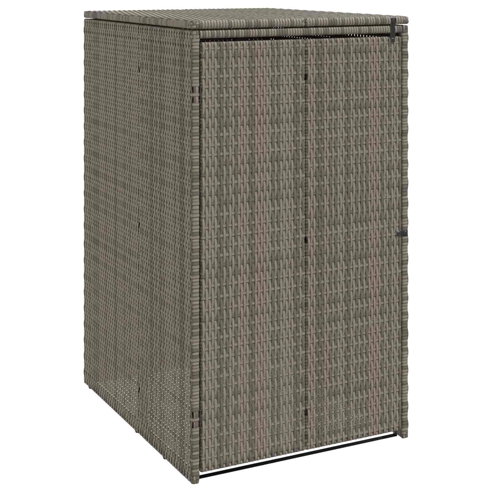 Aufbewahrungsbox für den Außenbereich mit Flechtwerk-Design, mit hoher vertikaler Form und geschlossener Tür.