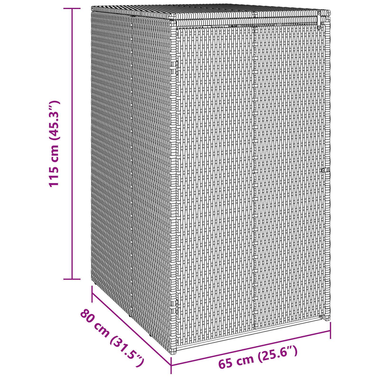 Aufbewahrungsschrank für den Außenbereich mit Rattan-Design, misst 115 cm Höhe, 80 cm Breite und 65 cm Tiefe.
