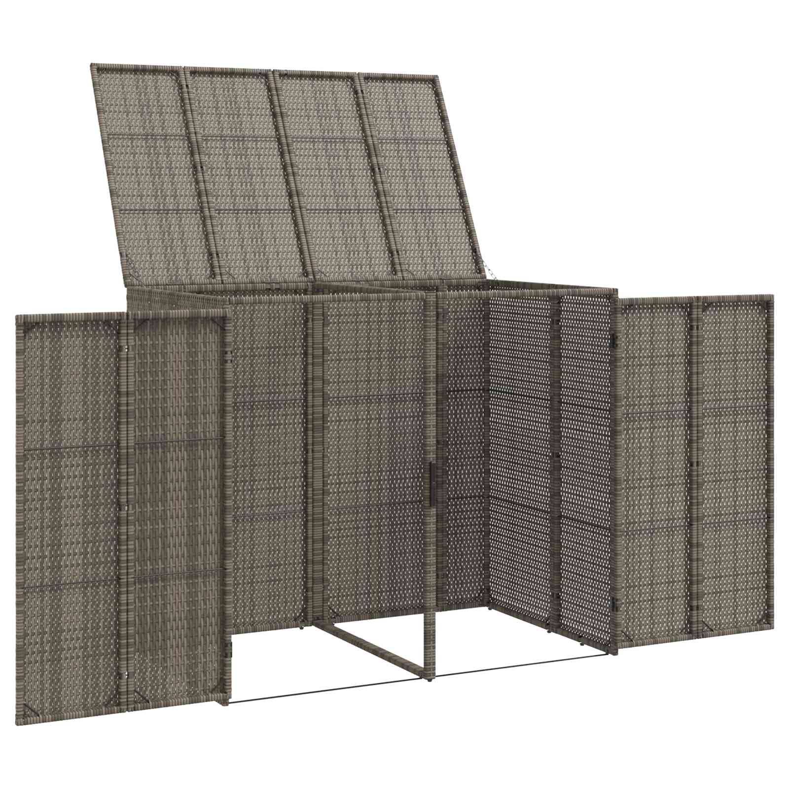 Ein brauner, strukturierter Holzlagerungsschuppen mit offener Frontseite und geneigtem Dach, konzipiert für Outdoor-Organisation und Schutz.