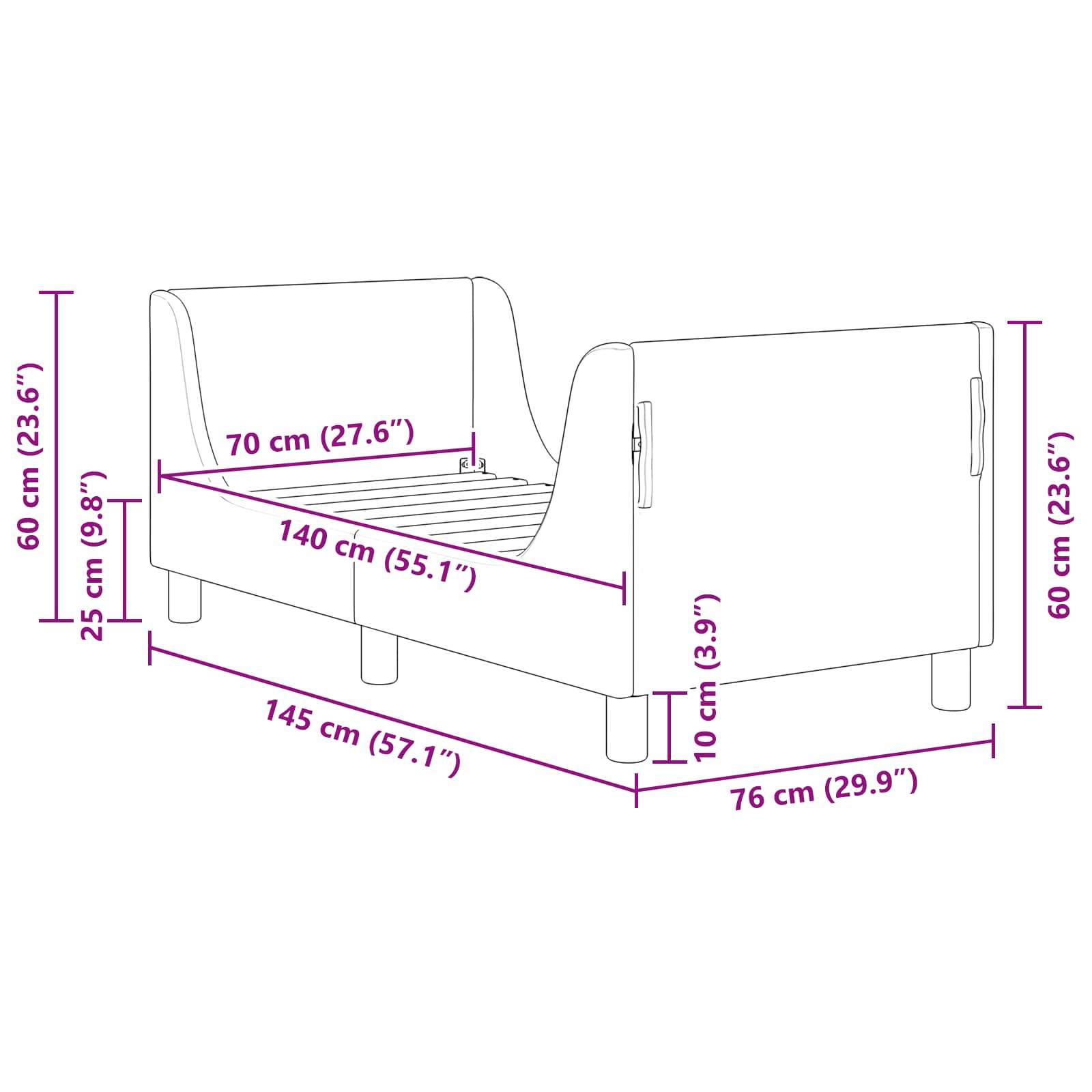 Eine Skizze eines Kinderbettes mit Maßen: Höhe 60 cm, Breite 76 cm, Länge 145 cm. Matratzenbereich misst 140 cm x 70 cm. Höhe vom Boden zum Bettrahmen beträgt 10 cm.
