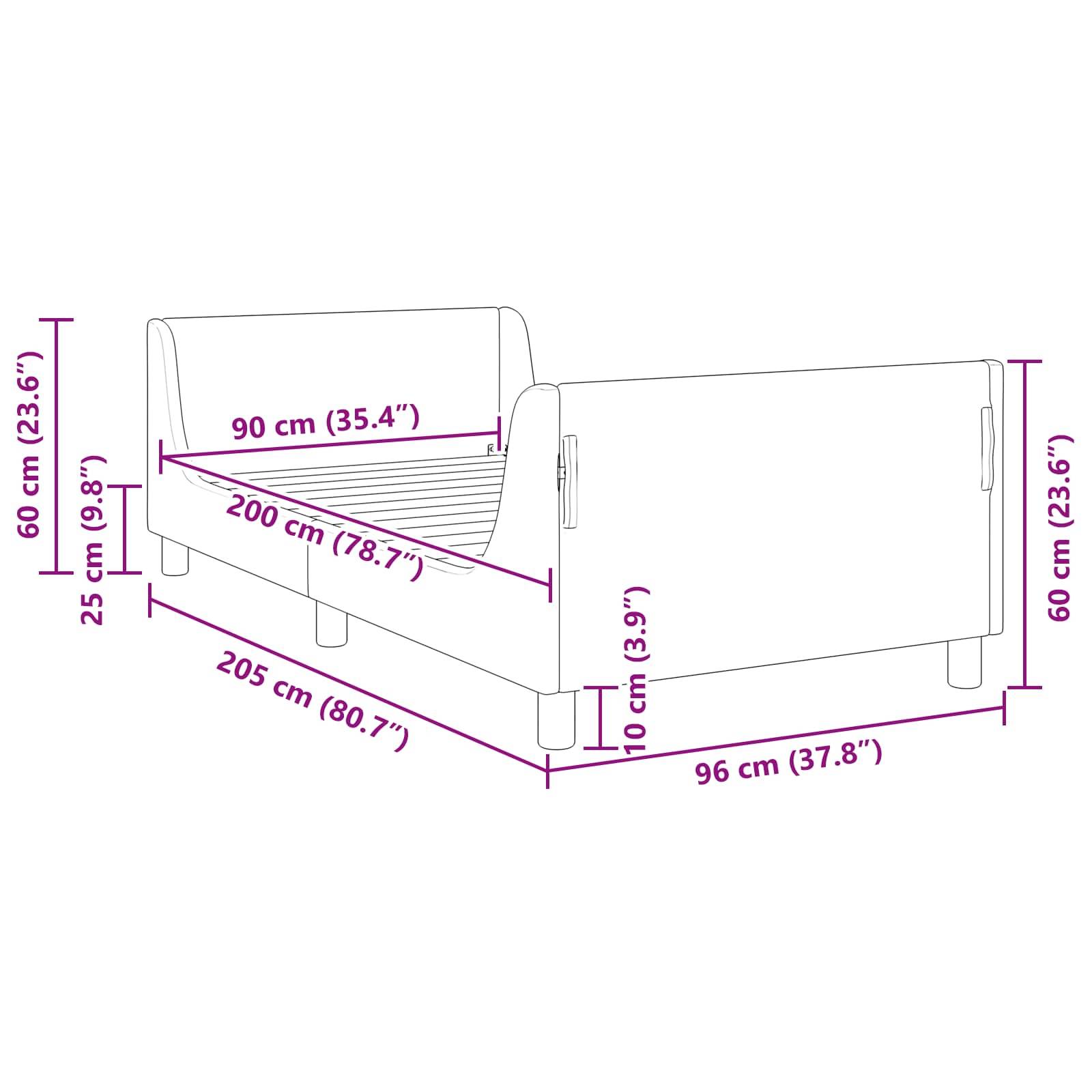 Diagramm eines Bettes mit Maßen: Breite 96 cm (37,8