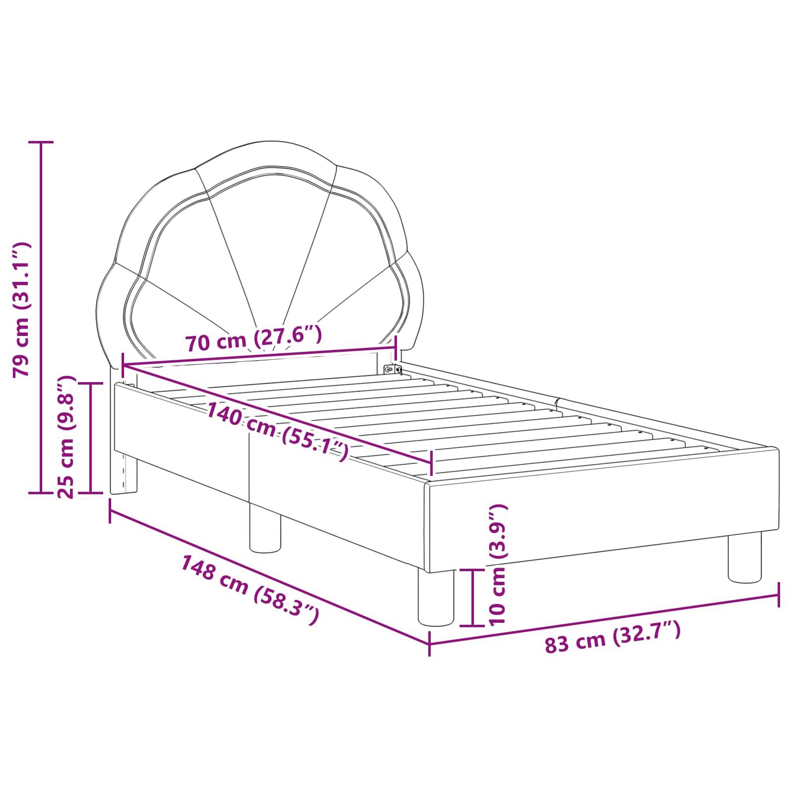 Ein Bettdiagramm mit Maßen: 140 cm lang, 79 cm hoch und 83 cm breit. Die Höhe des Kopfteils beträgt 79 cm. Die Seitenhöhe beträgt 25 cm.