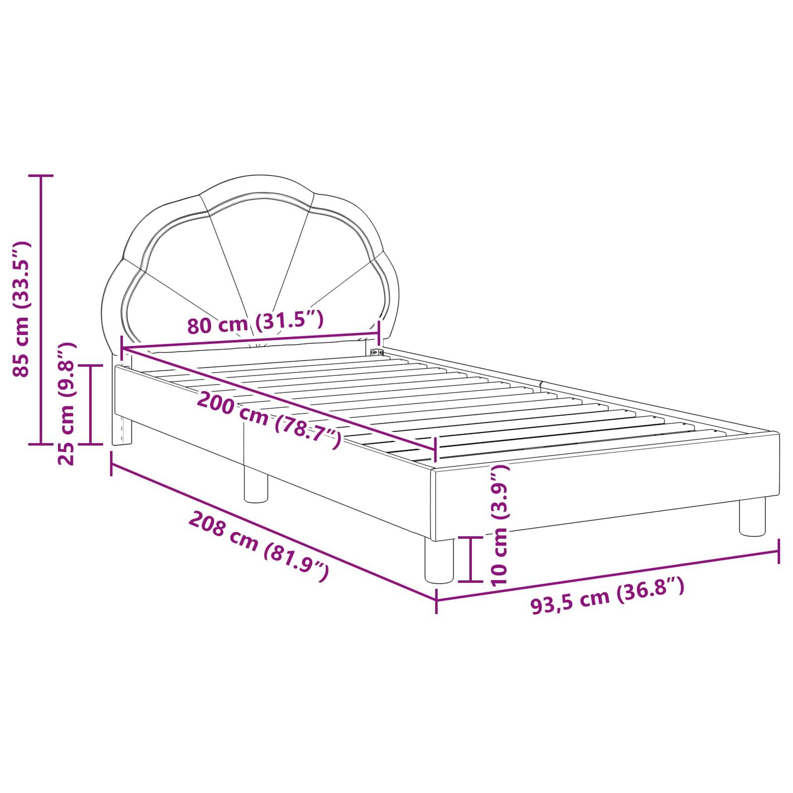 Ein Bettrahmen-Diagramm mit Maßen: Kopfteil 85 cm hoch, 208 cm lang, 93,5 cm breit. Matratzenunterlage ist 25 cm hoch; Latten erstrecken sich über 200 cm.