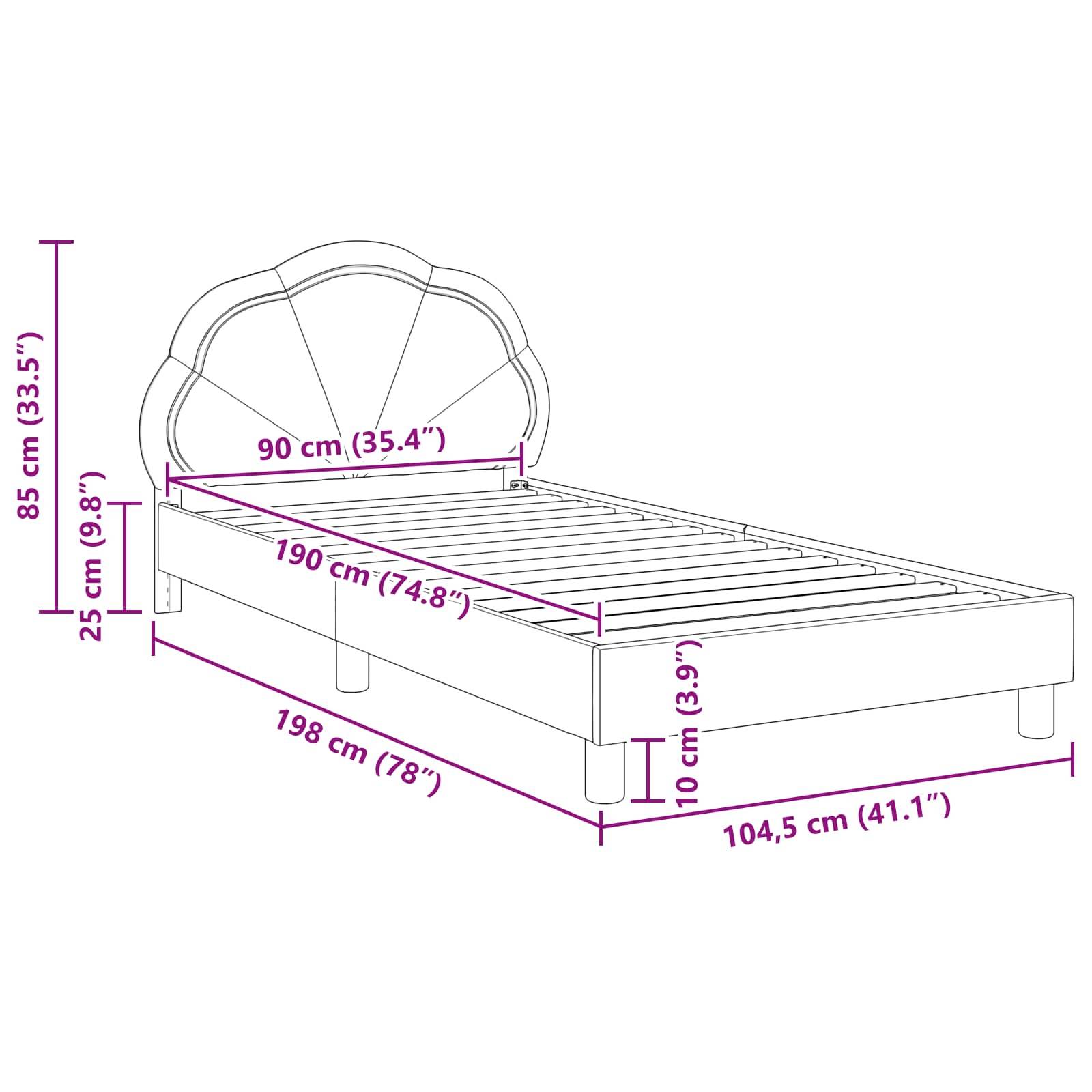 Eine Linienzeichnung eines Bettes mit Maßen: 198 cm lang, 104,5 cm breit und 85 cm hoch. Die Matratzenoberfläche misst 190 cm x 90 cm.