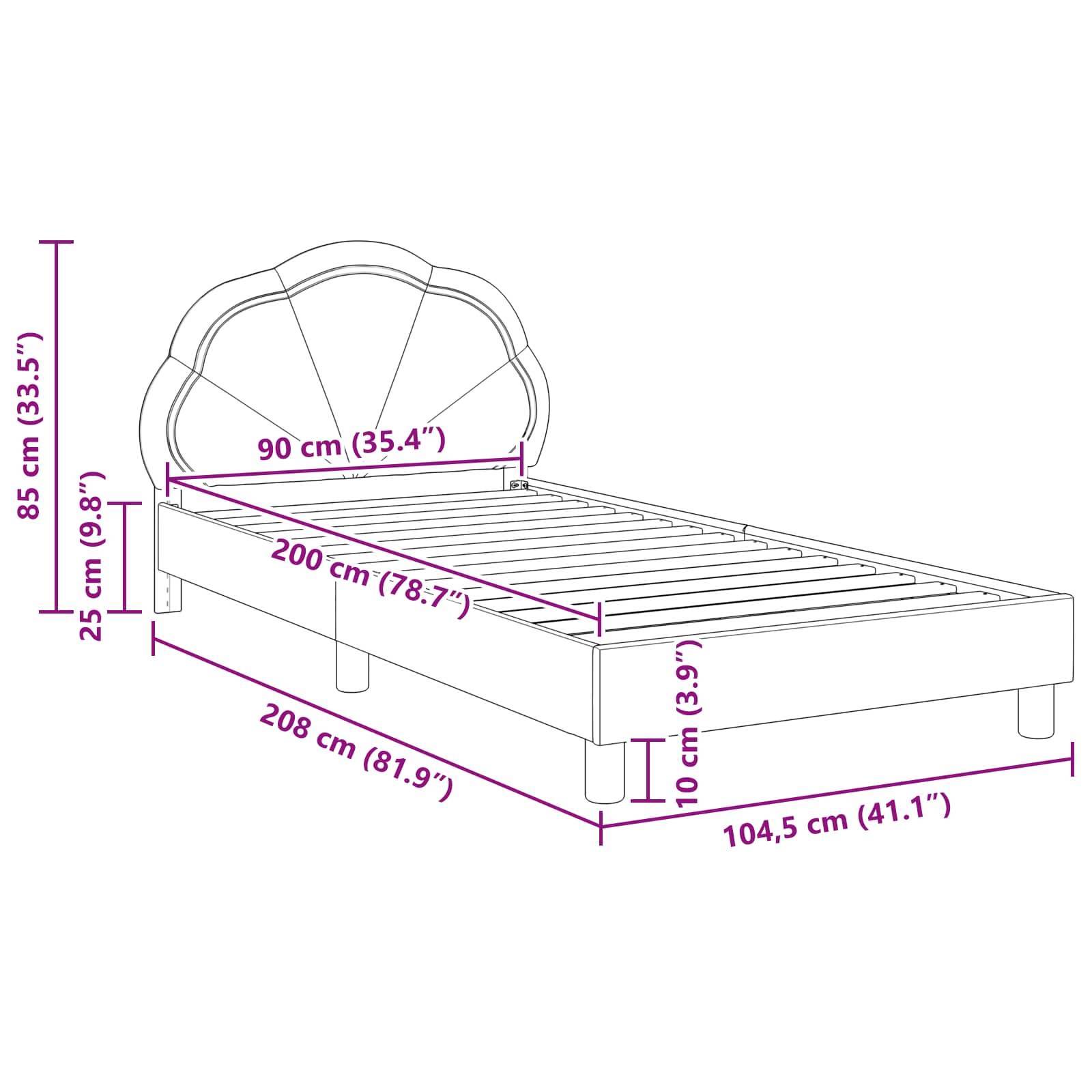 Linienzeichnung eines Bettes mit beschrifteten Abmessungen: Höhe 85 cm, Breite 90 cm, Länge 200 cm. Die Höhe des Kopfteils beträgt 25 cm über der Matratze.