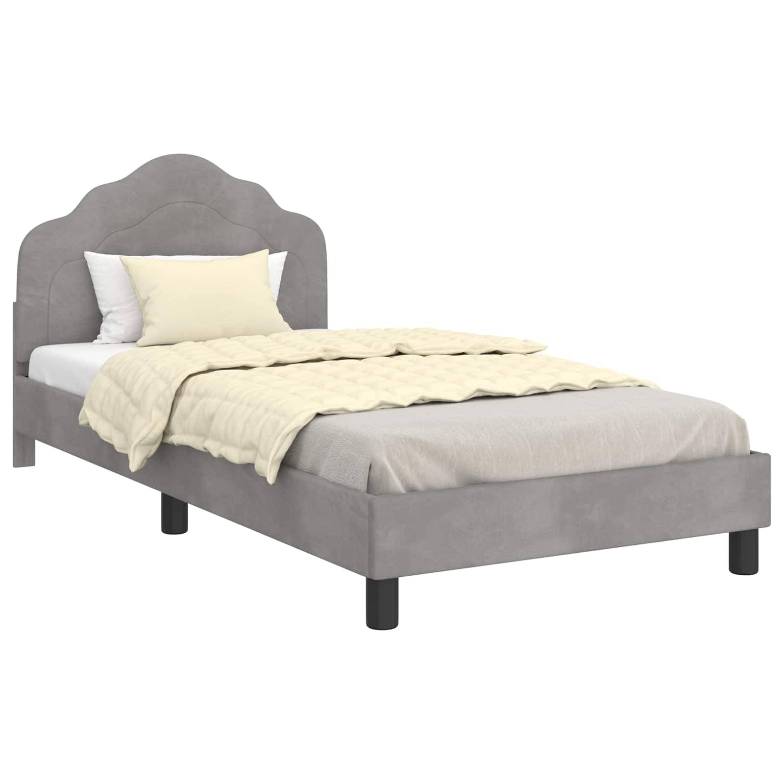 Ein Einzelbett mit grauem gepolstertem Rahmen und elegantem Kopfteil. Es ist mit cremefarbener Bettwäsche und zwei Kissen bezogen.