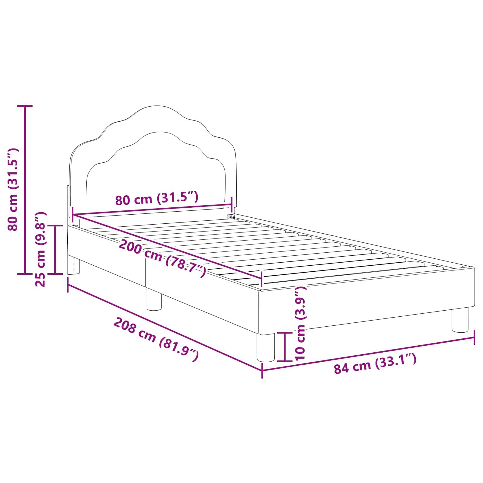 Linienzeichnung eines Bettes mit Abmessungen: 208 cm Länge, 84 cm Breite, 80 cm Höhe und 10 cm Basishöhe.